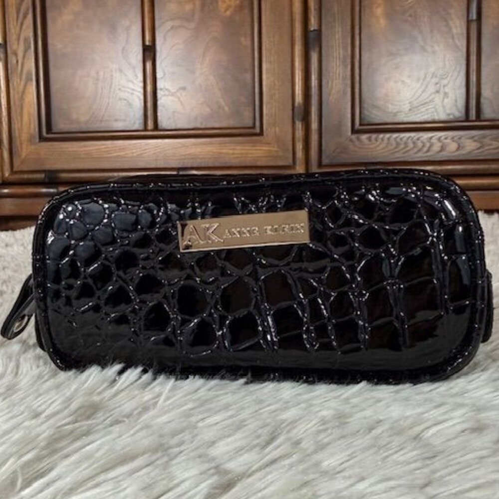 Anne Klein Black Croc Embossed Faux Patent Leather Cosmetics Case Clutch